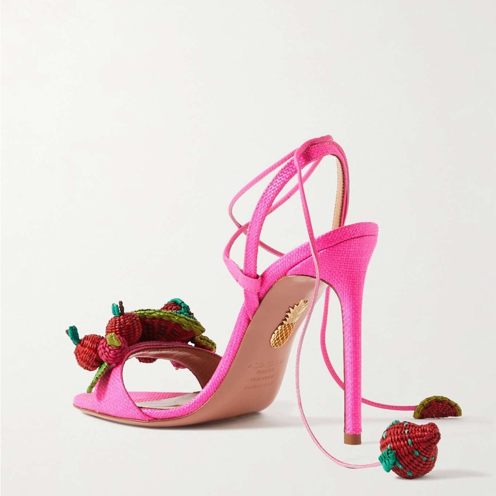 Worn once AQUAZZURA Strawberry Punch embellished raffia sandals 37 - Picture 5 of 14